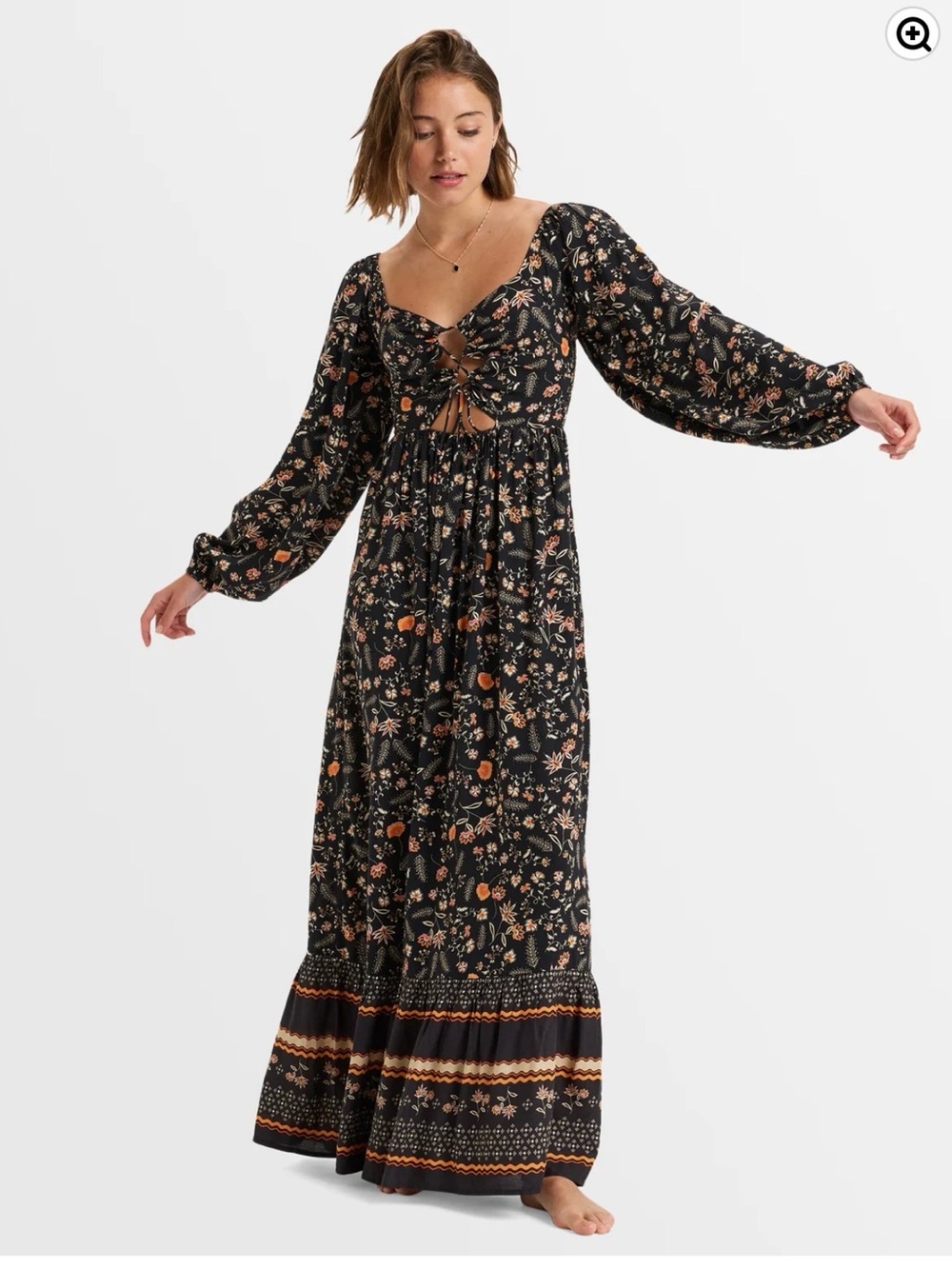 Roxy Black Floral Maxi Dress with Orange and Pink Accents